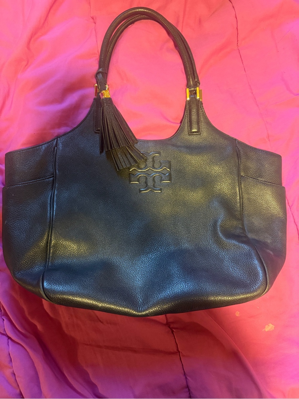 Tory Burch Black Pebbled Leather Tassel Tote